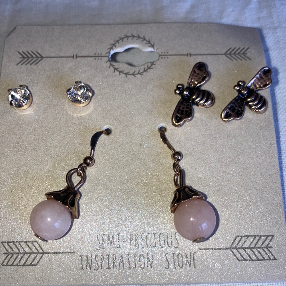 NWOT 3 pr. gt pierced earrings, rhinestones, bees, rose quartz. $19